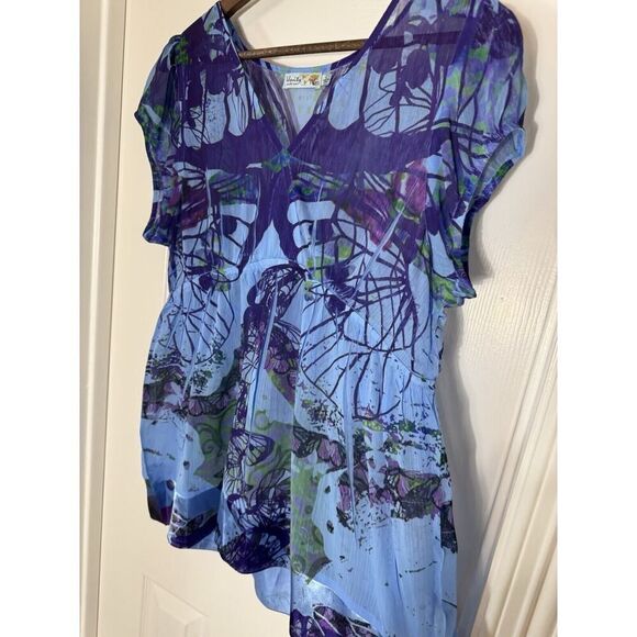 Unity World Wear Blue Purple Sheer Butterfly Fairy Puff Sleeve V Neck Pixie  L - Picture 2 of 7